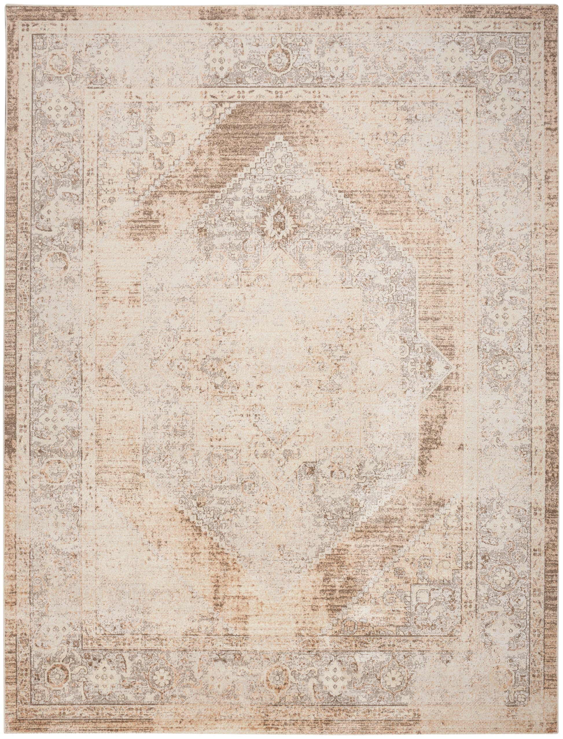 Beige distressed oriental area rug with faded central diamond medallion and ornate border.