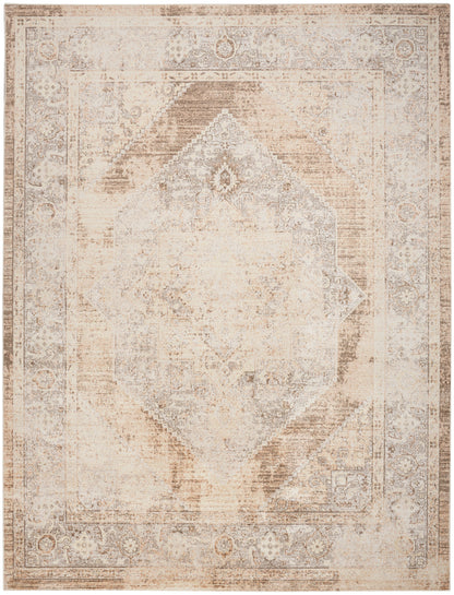 Beige distressed oriental area rug with faded central diamond medallion and ornate border.