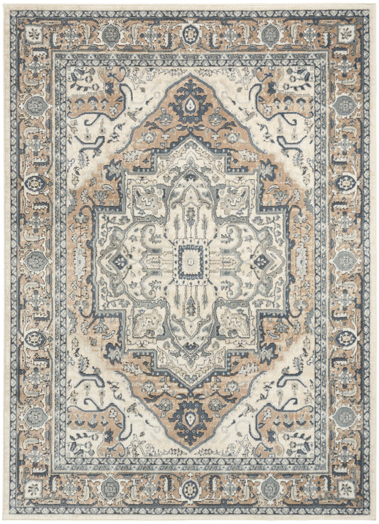 Ivory Persian-style area rug with a blue and tan central medallion and ornate floral border.
