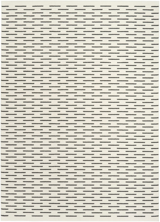 Beige ceramic tile featuring a repeating pattern of short black horizontal dashes for a modern geometric look.