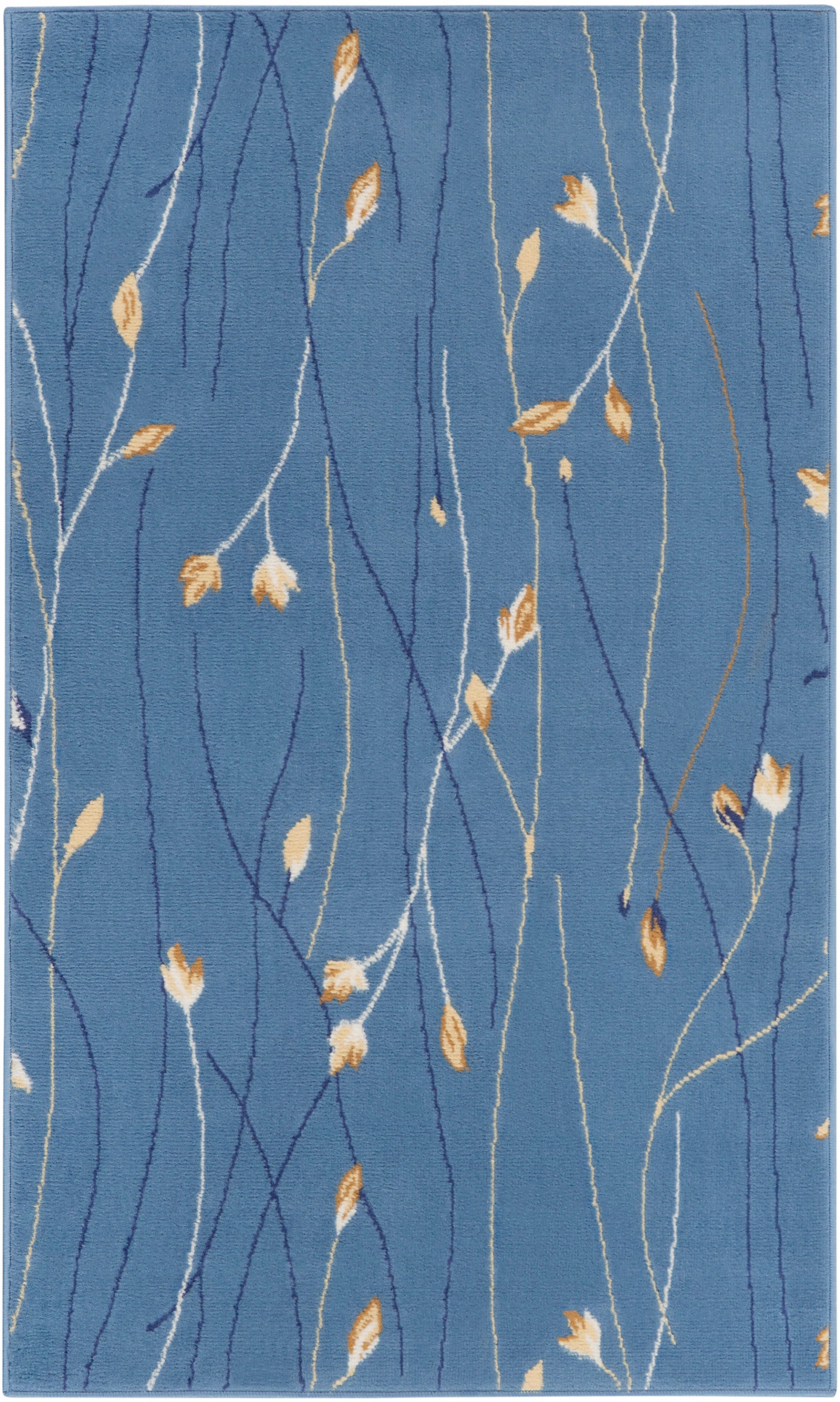 Blue rug featuring abstract vine pattern with white, navy & tan stems and small golden leaves.