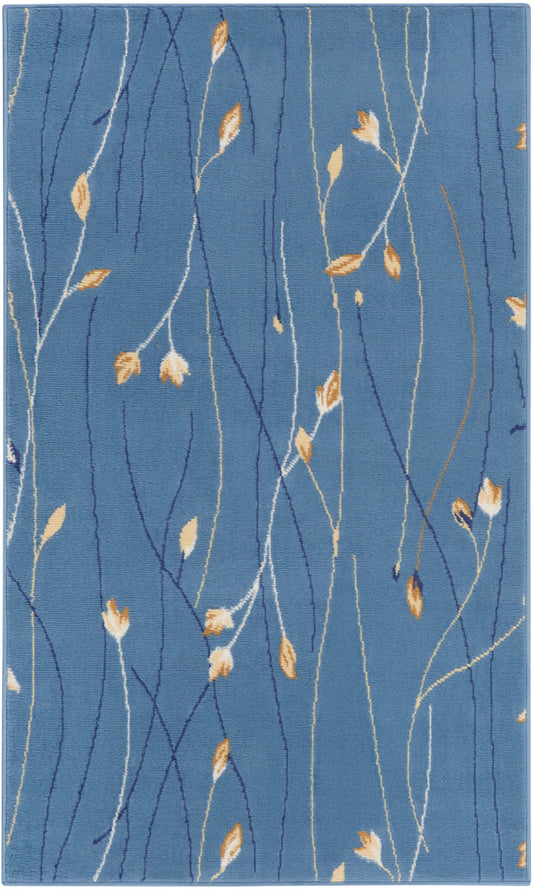 Blue rug featuring abstract vine pattern with white, navy & tan stems and small golden leaves.