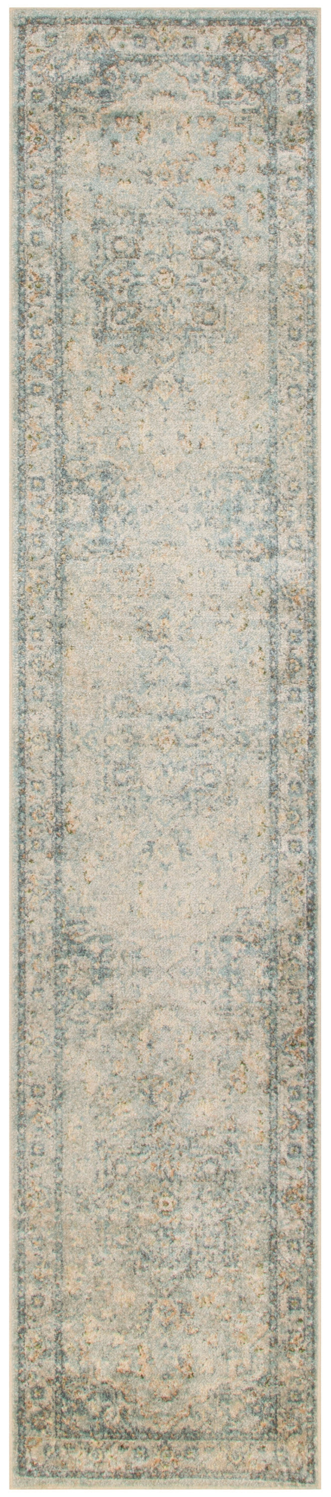 Narrow distressed vintage-style rug runner in cream with a pale blue-gray ornate border and faded central field, 10 ft long.
