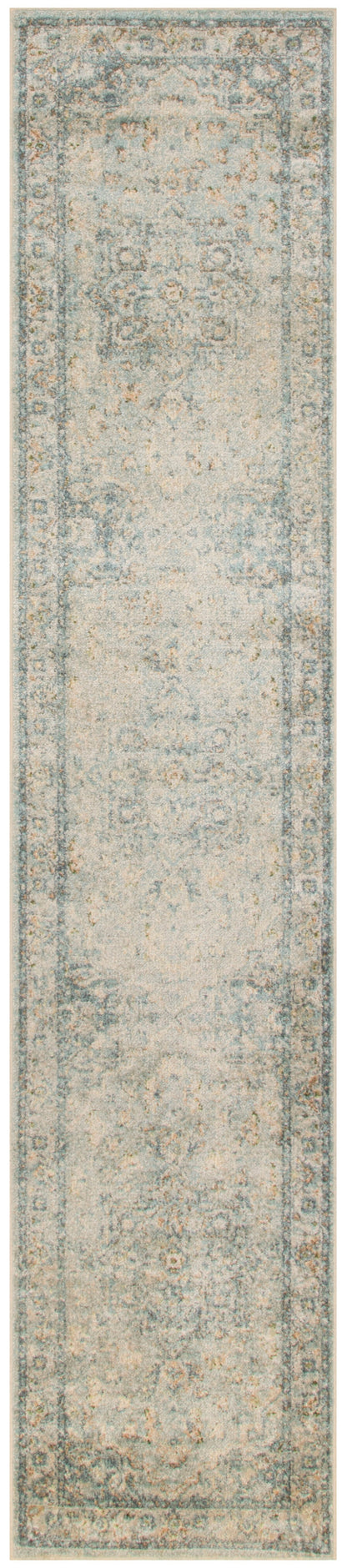 Narrow distressed vintage-style rug runner in cream with a pale blue-gray ornate border and faded central field, 10 ft long.