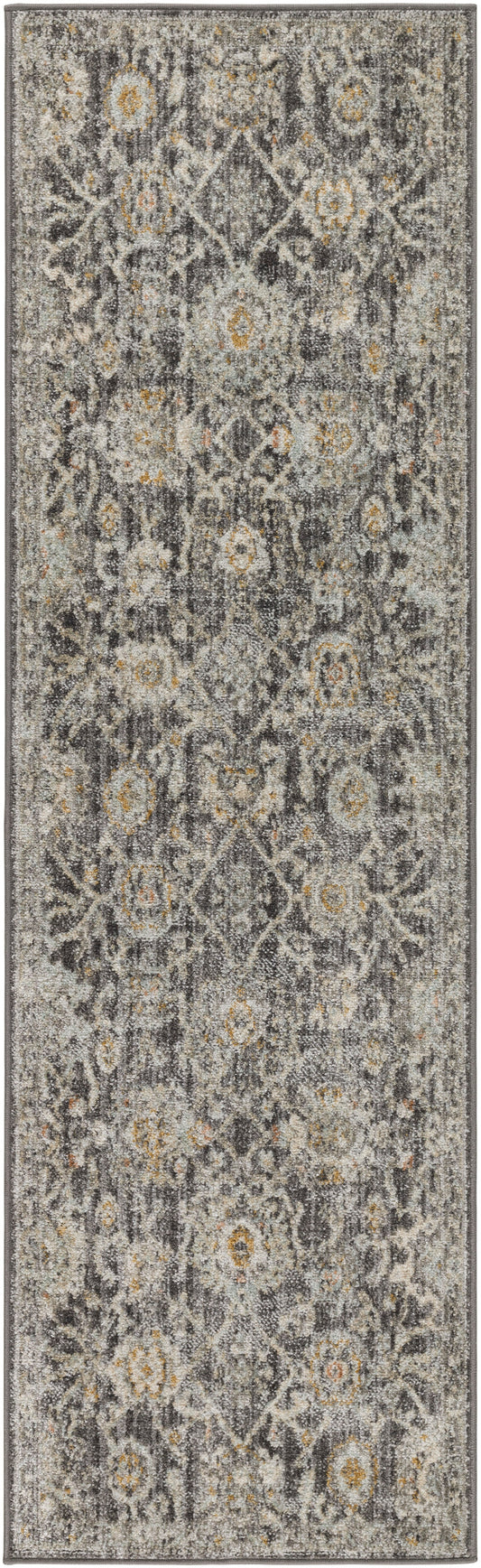 Narrow gray Persian-style runner rug with ivory floral motifs & subtle mustard accents.