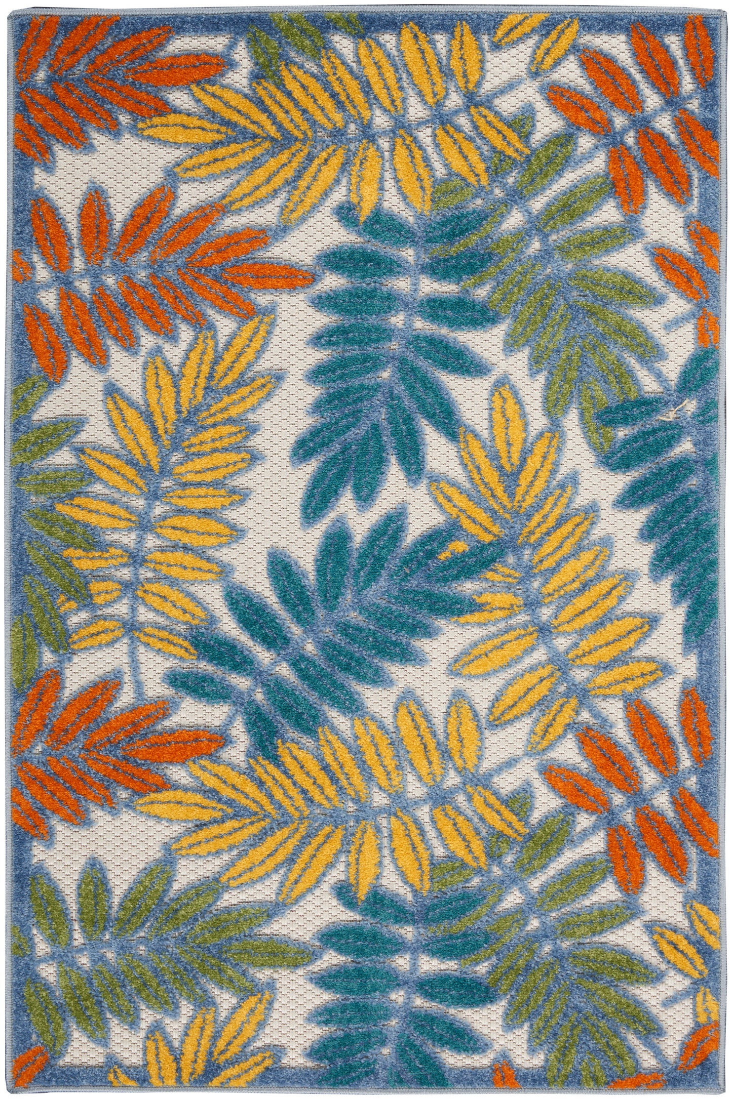 Tropical leaf-patterned area rug with yellow, orange, teal and green fronds on cream, blue border.