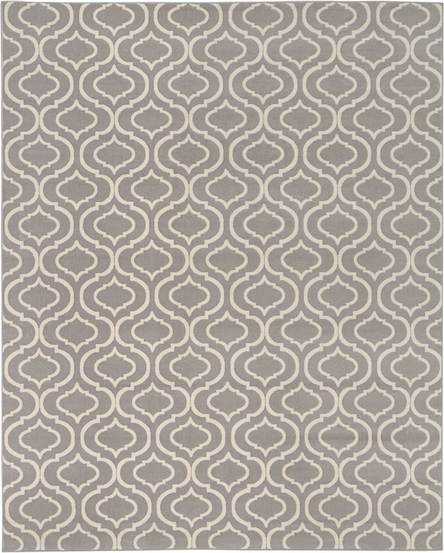 Gray rug with cream Moroccan trellis pattern; geometric, modern-style area rug for living spaces.