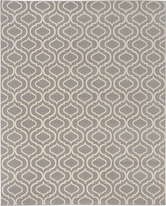 Gray rug with cream Moroccan trellis pattern; geometric, modern-style area rug for living spaces.