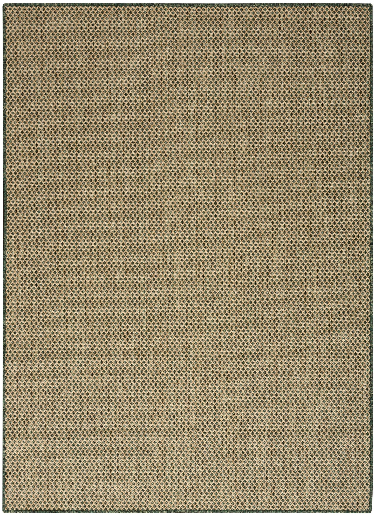 Rectangular beige rug with dark green diamond lattice pattern and slim green border; woven textile for living areas.