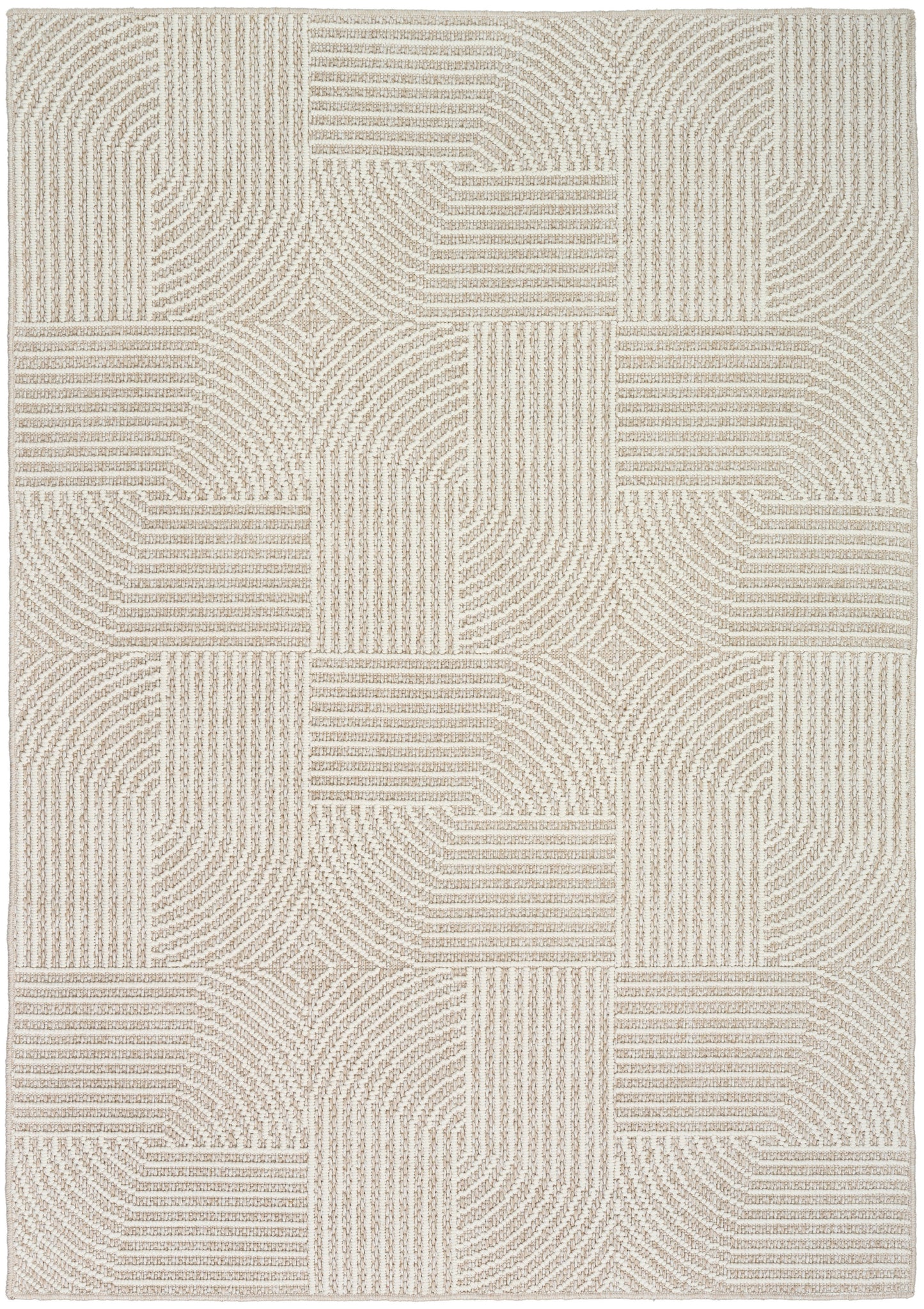 Beige rectangular rug with cream textured geometric patchwork and linear pattern blocks; soft, modern decor.
