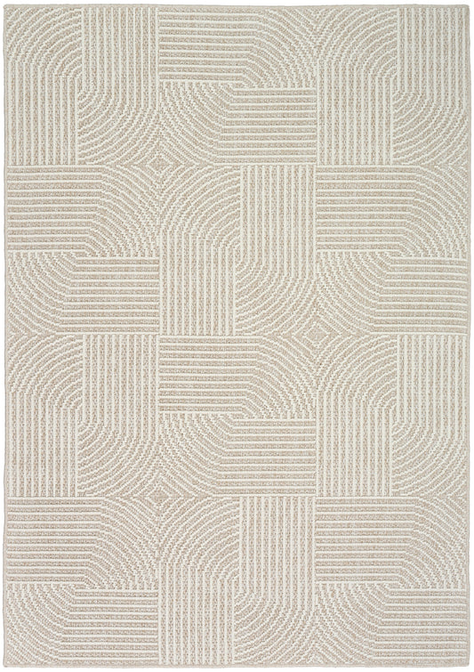 Beige rectangular rug with cream textured geometric patchwork and linear pattern blocks; soft, modern decor.