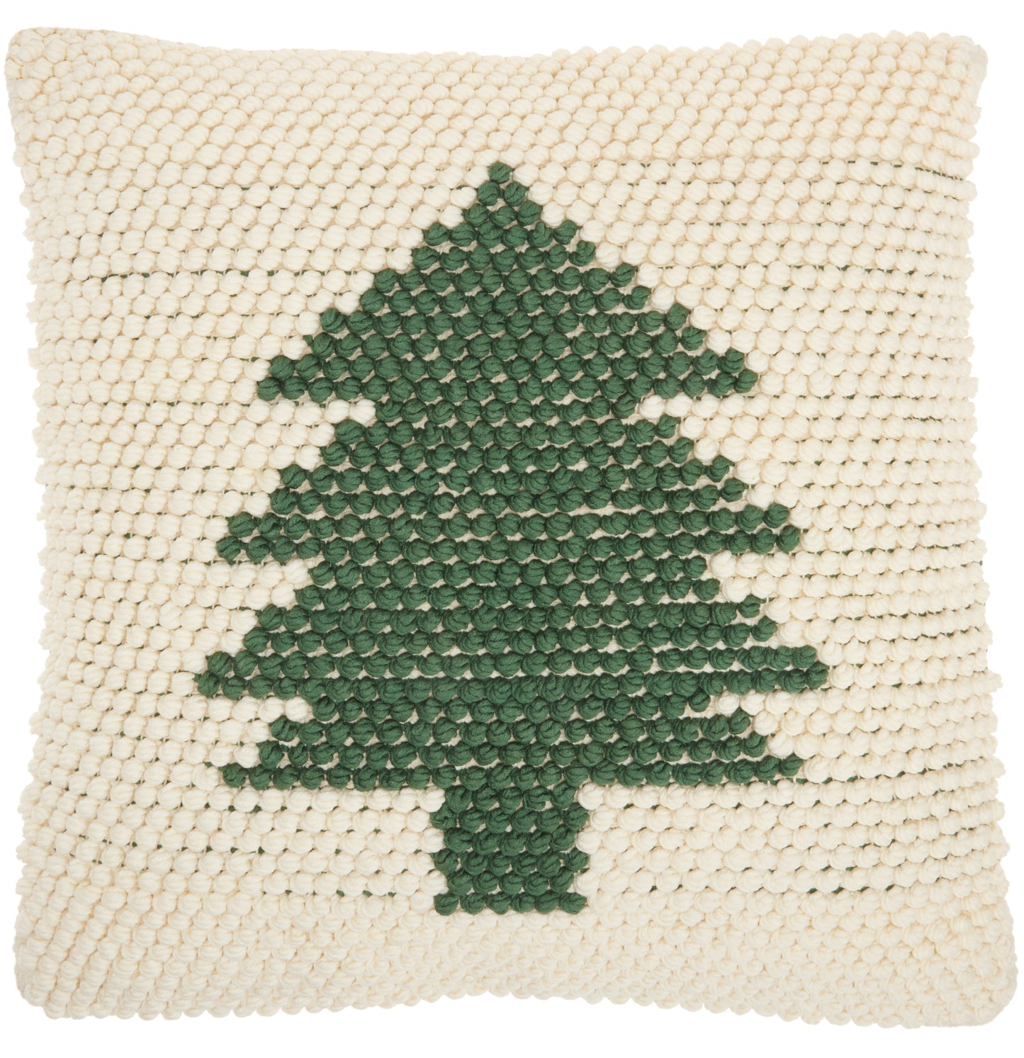 Cream square 20" x 20" throw pillow with a dark green Christmas tree motif in boucle tufted yarn.