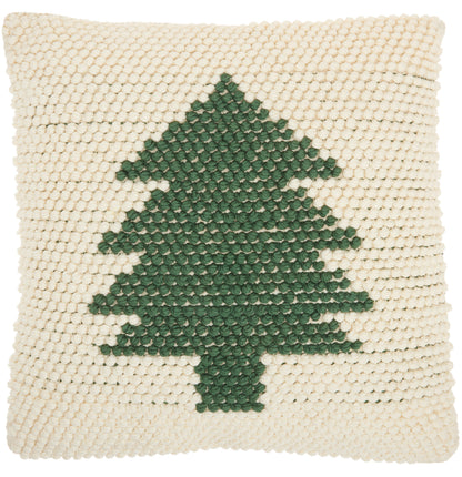 Cream square 20" x 20" throw pillow with a dark green Christmas tree motif in boucle tufted yarn.