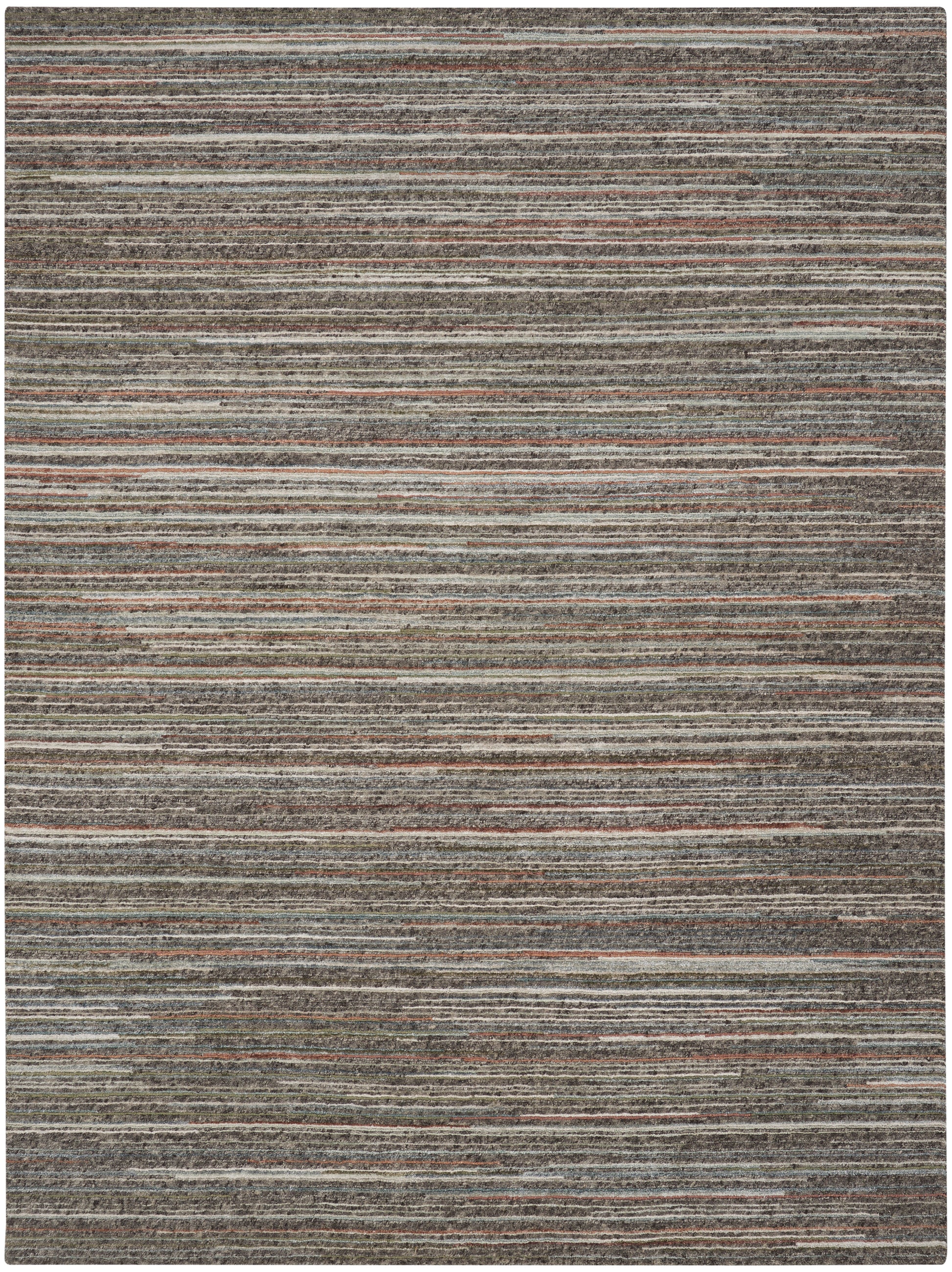 Rectangular woven rug with fine horizontal stripes in muted browns, grays, beige, rust & olive.