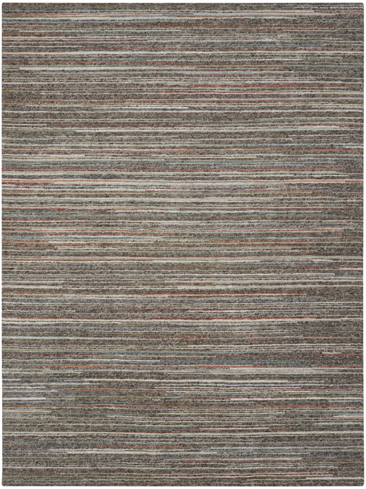 Rectangular woven rug with fine horizontal stripes in muted browns, grays, beige, rust & olive.
