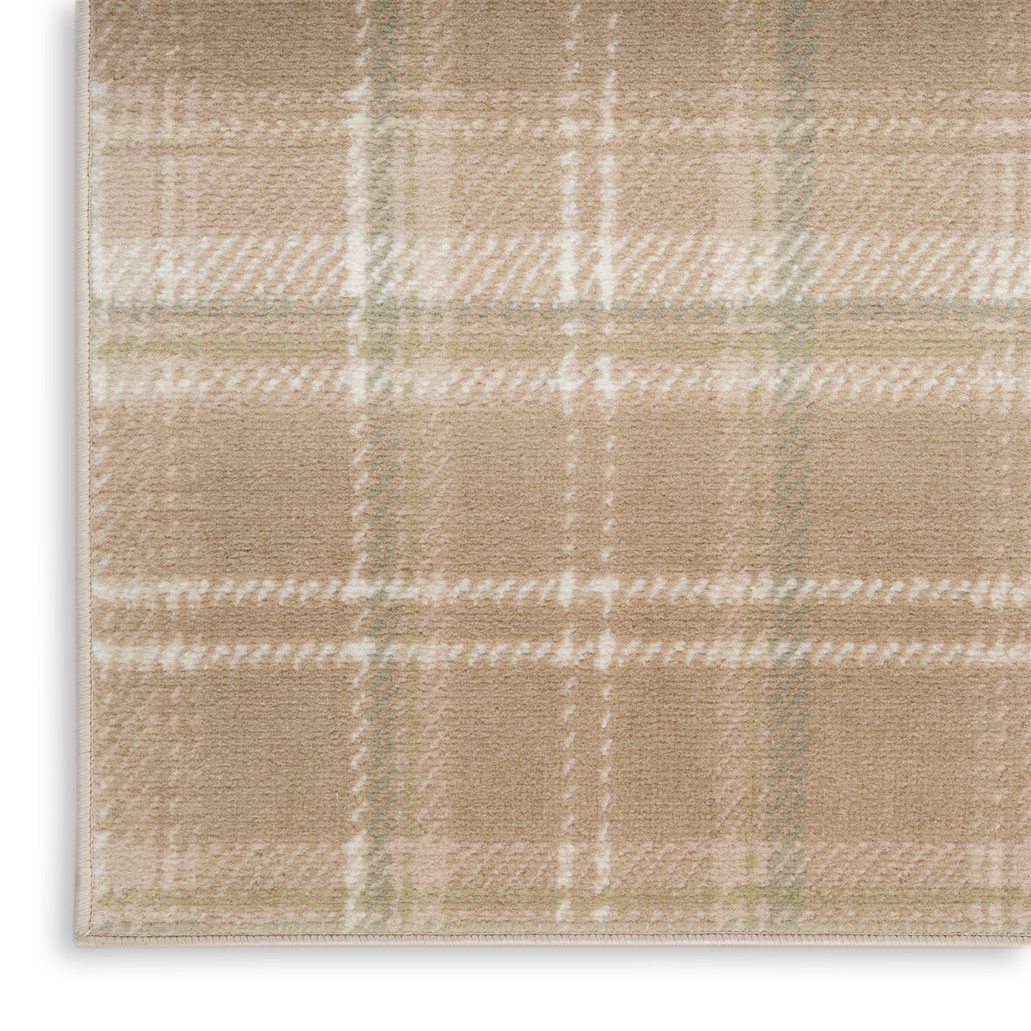 Beige plaid rug with cream and pale green lines; soft woven texture, stitched border edge.