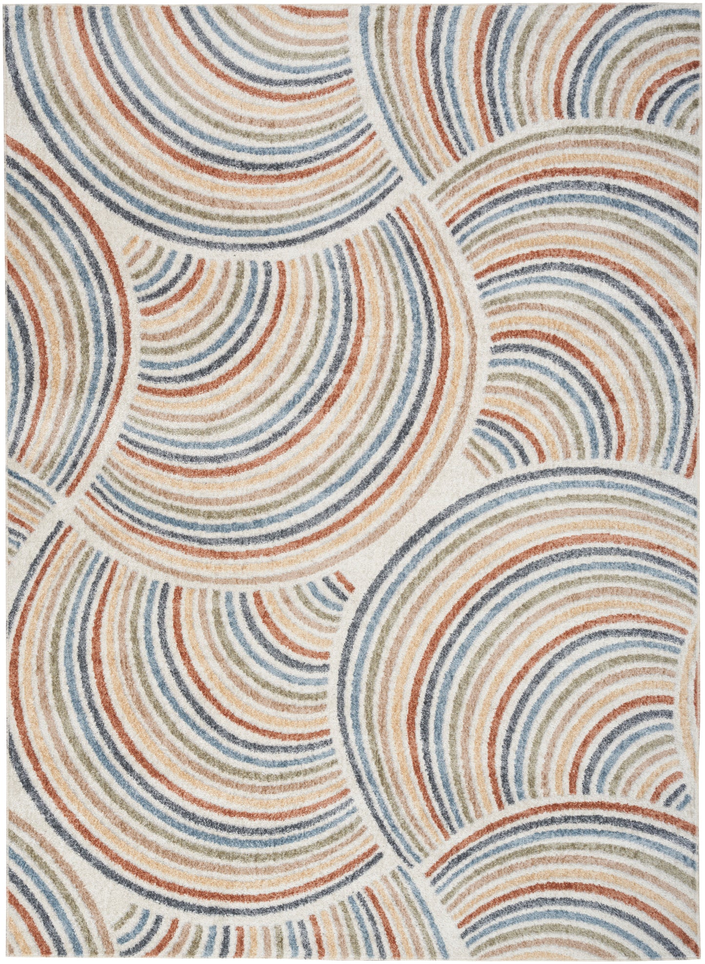 Rectangular woven rug with overlapping concentric arc patterns in blue, rust orange, and beige; textured, modern boho style.