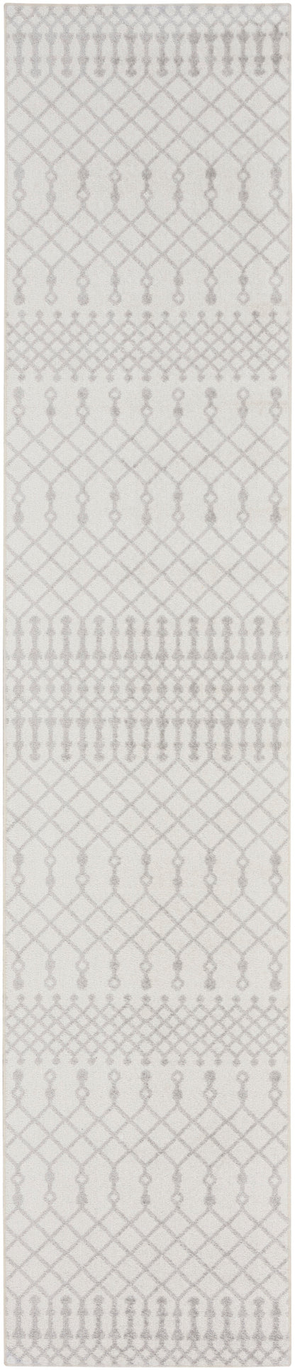 Grey Bohemian-style rug runner with a vertical diamond lattice and scalloped arc pattern.
