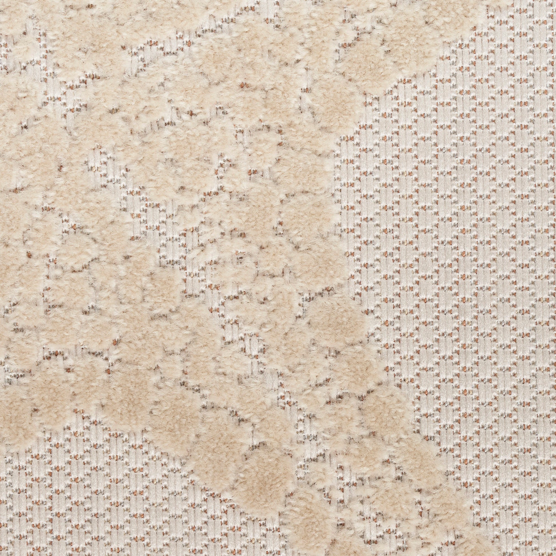 Beige outdoor 6 ft runner rug with two textures: plush damask floral area and cream lattice pattern.