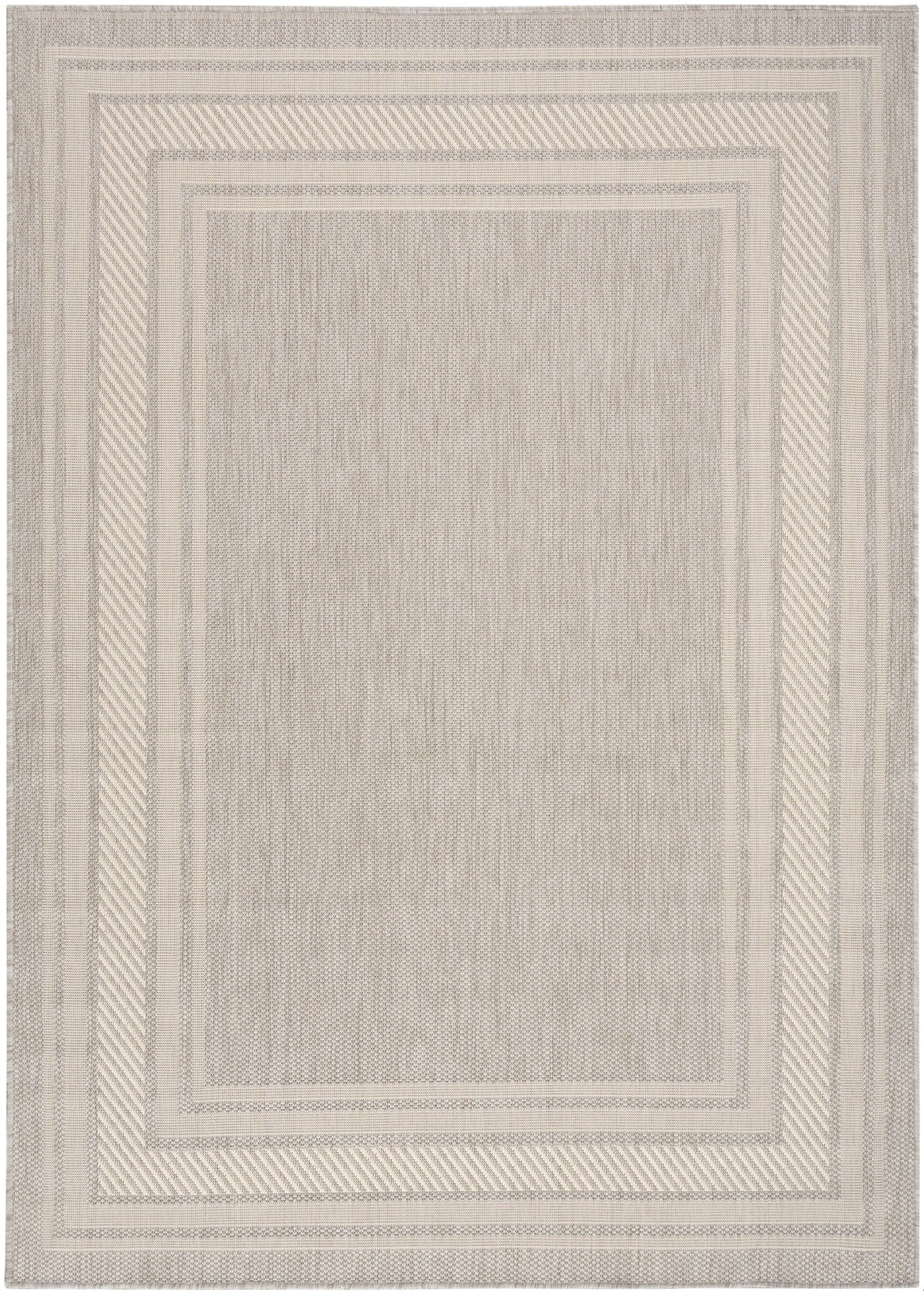Beige rectangular area rug with layered cream borders and subtle woven texture.