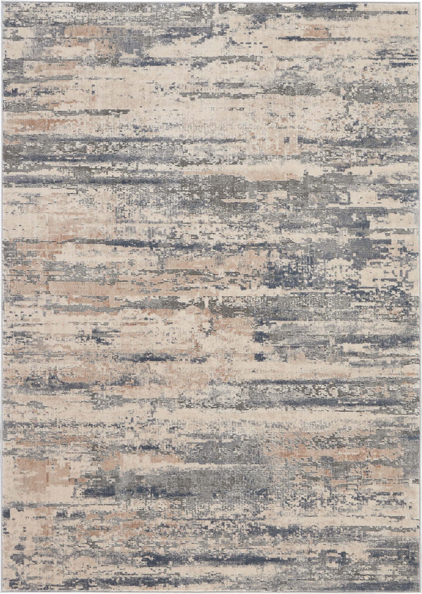 Abstract distressed area rug in beige, gray and peach tones; modern, soft pattern for living rooms.