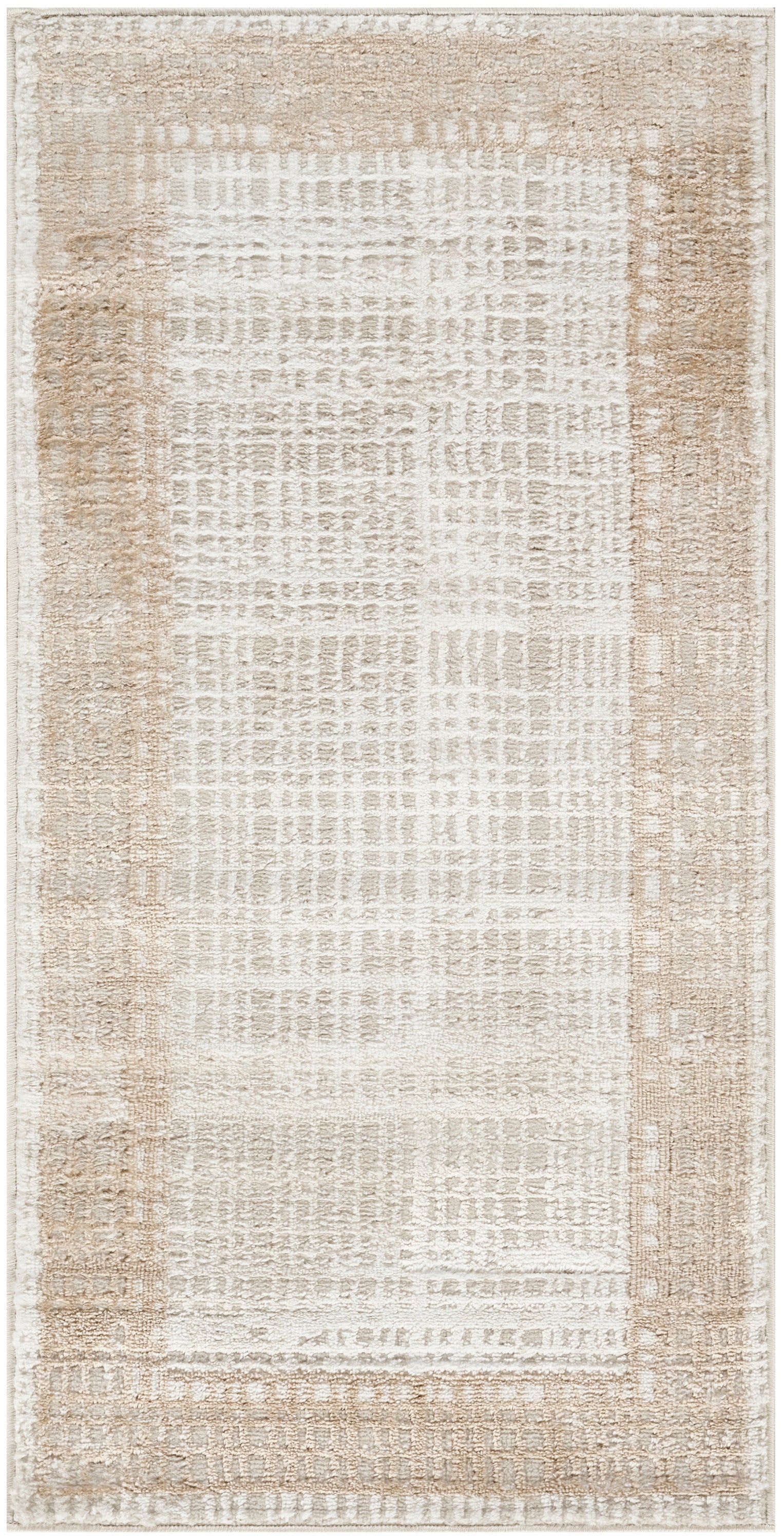Neutral rectangular rug with cream center, soft beige border, and a subtle distressed lattice pattern.