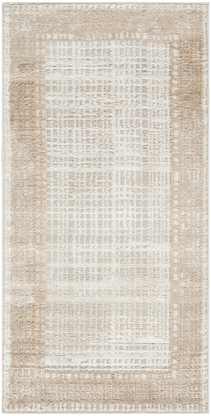 Neutral rectangular rug with cream center, soft beige border, and a subtle distressed lattice pattern.