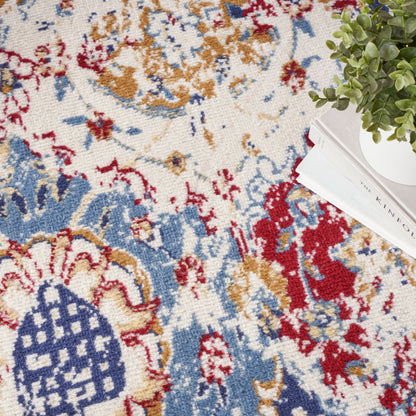 Close-up of a plush oriental rug with cream base and blue, red, mustard floral motifs; plant and magazines at edge.
