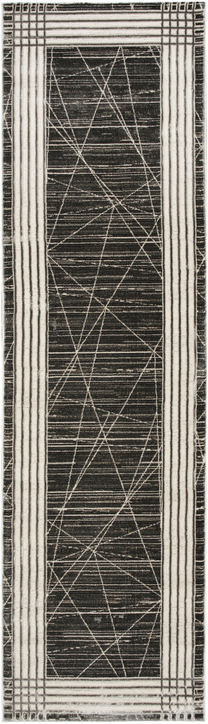 Narrow hallway runner rug with dark charcoal center and cream striped borders; diagonal lattice pattern.