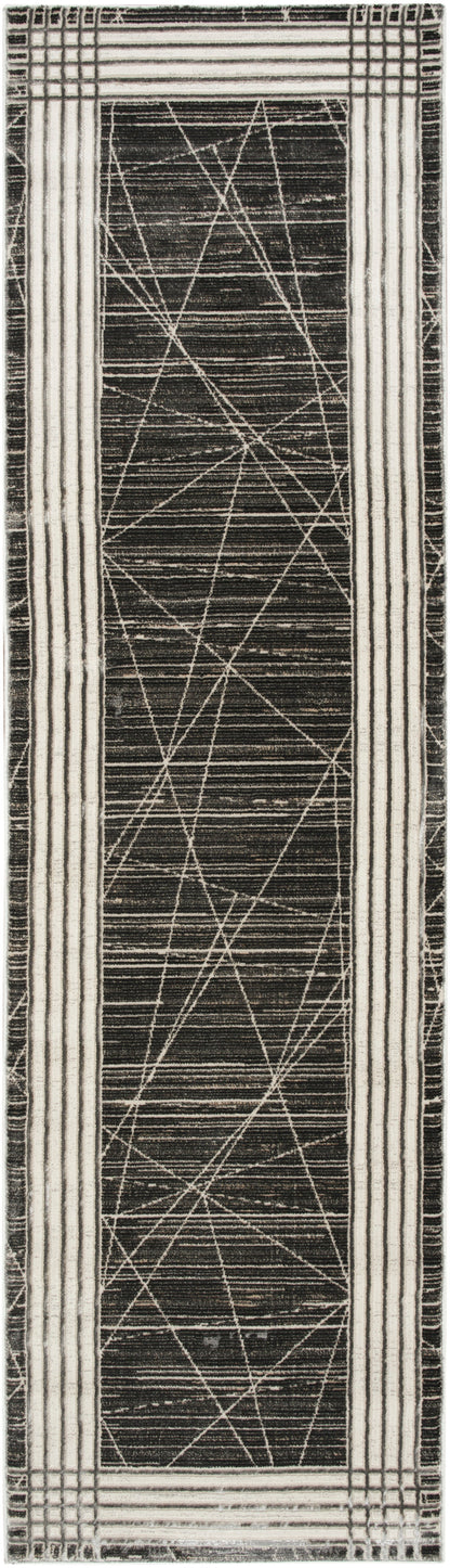 Narrow hallway runner rug with dark charcoal center and cream striped borders; diagonal lattice pattern.