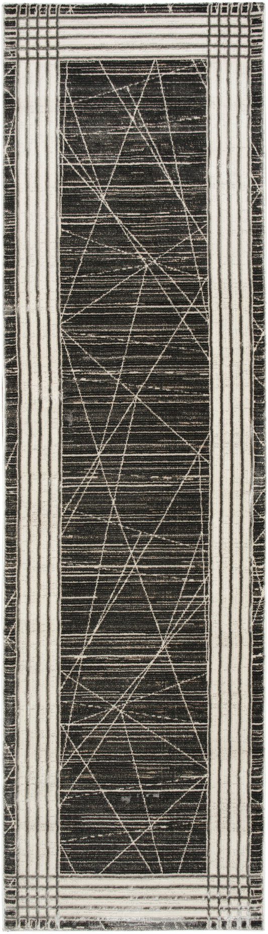 Narrow hallway runner rug with dark charcoal center and cream striped borders; diagonal lattice pattern.