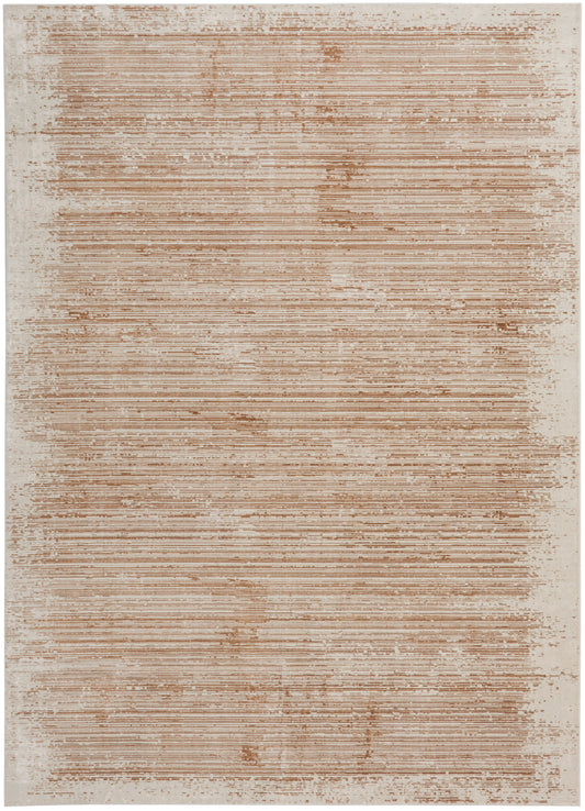 Beige distressed area rug with brown horizontal stripes, modern rectangular throw rug.