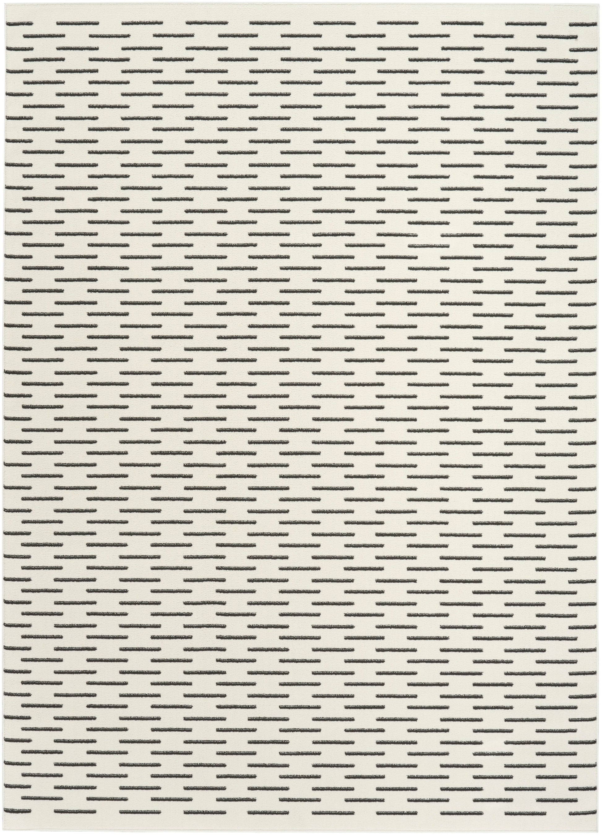 Cream rug with a repeating black dash geometric pattern in a Scandinavian style, 4' x 6'.