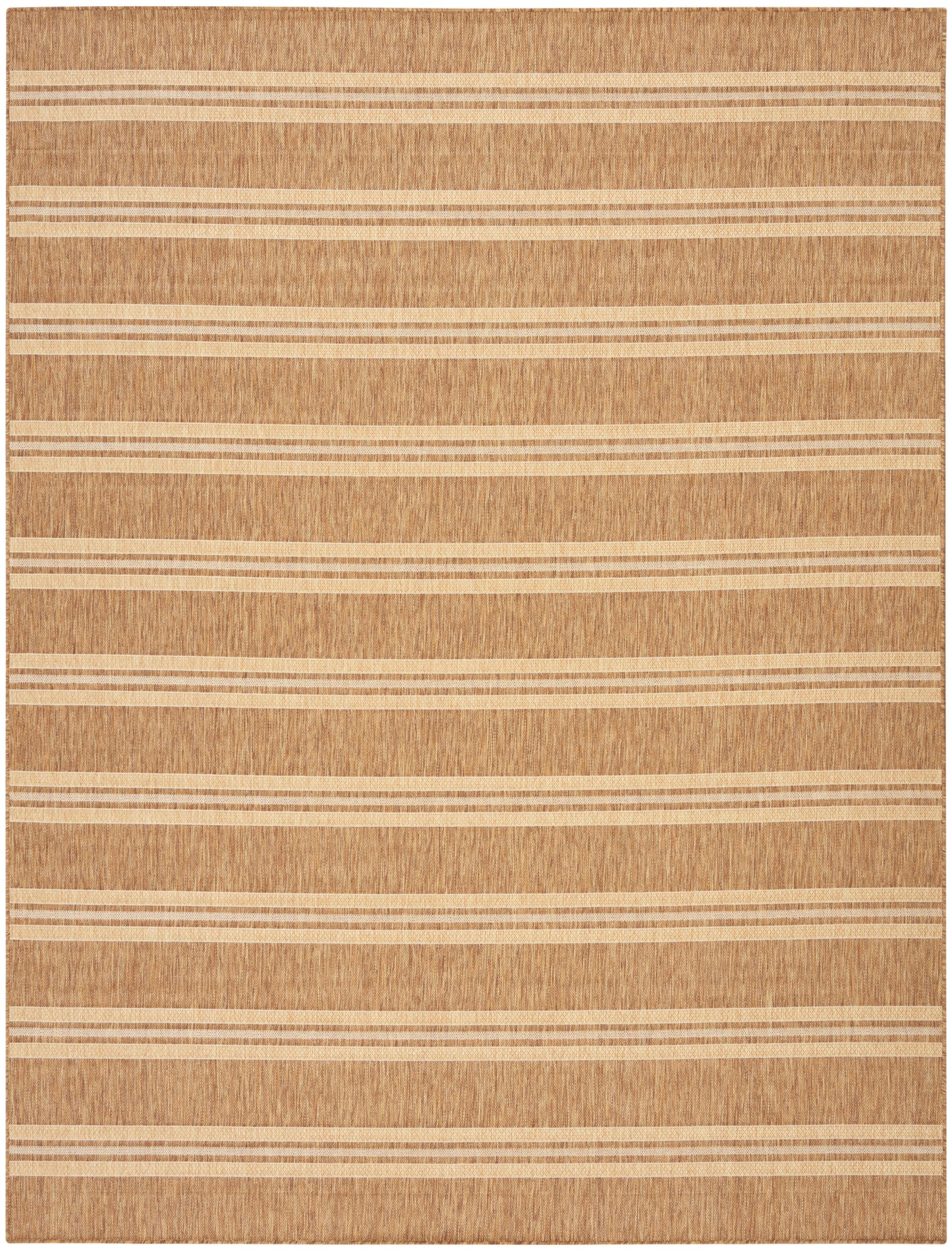 Natural fiber area rug with pale beige stripe bands, warm tan background, flat-woven casual coastal style.