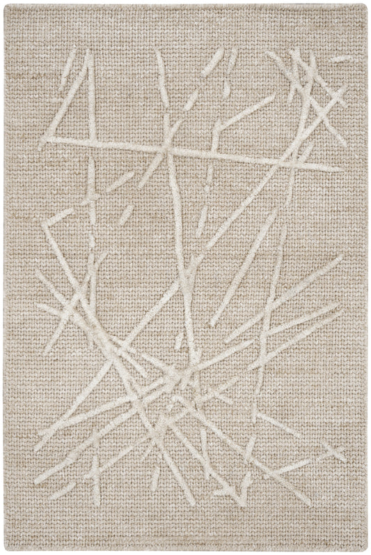 Beige woven rug with a raised white abstract linear pattern across the surface.