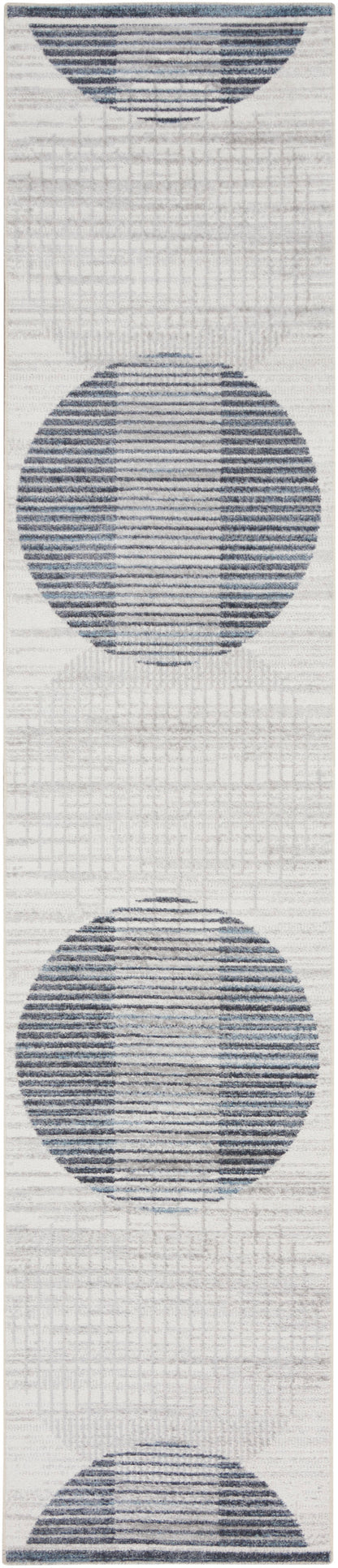 Blue plaid pattern on a pale gray woven rug runner; mid-century modern style, 12 ft long.