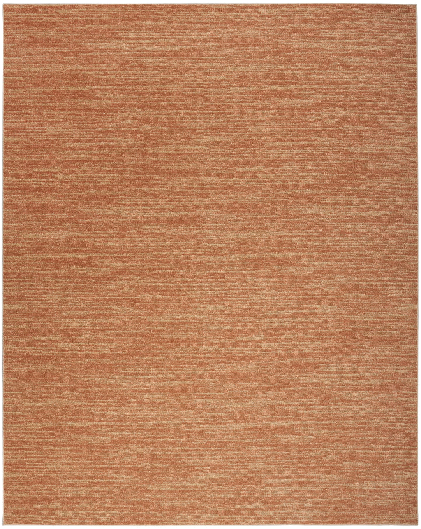 Rectangular outdoor rug in orange-toned marled terracotta weave with subtle horizontal striations; soft, versatile decor; 7' x 10'.