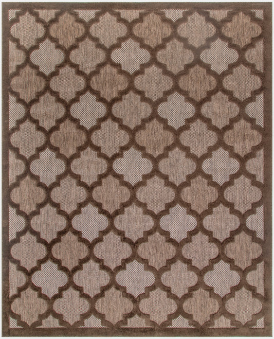Brown and beige lattice trellis rug with repeating quatrefoil pattern, bordered edges, woven texture.