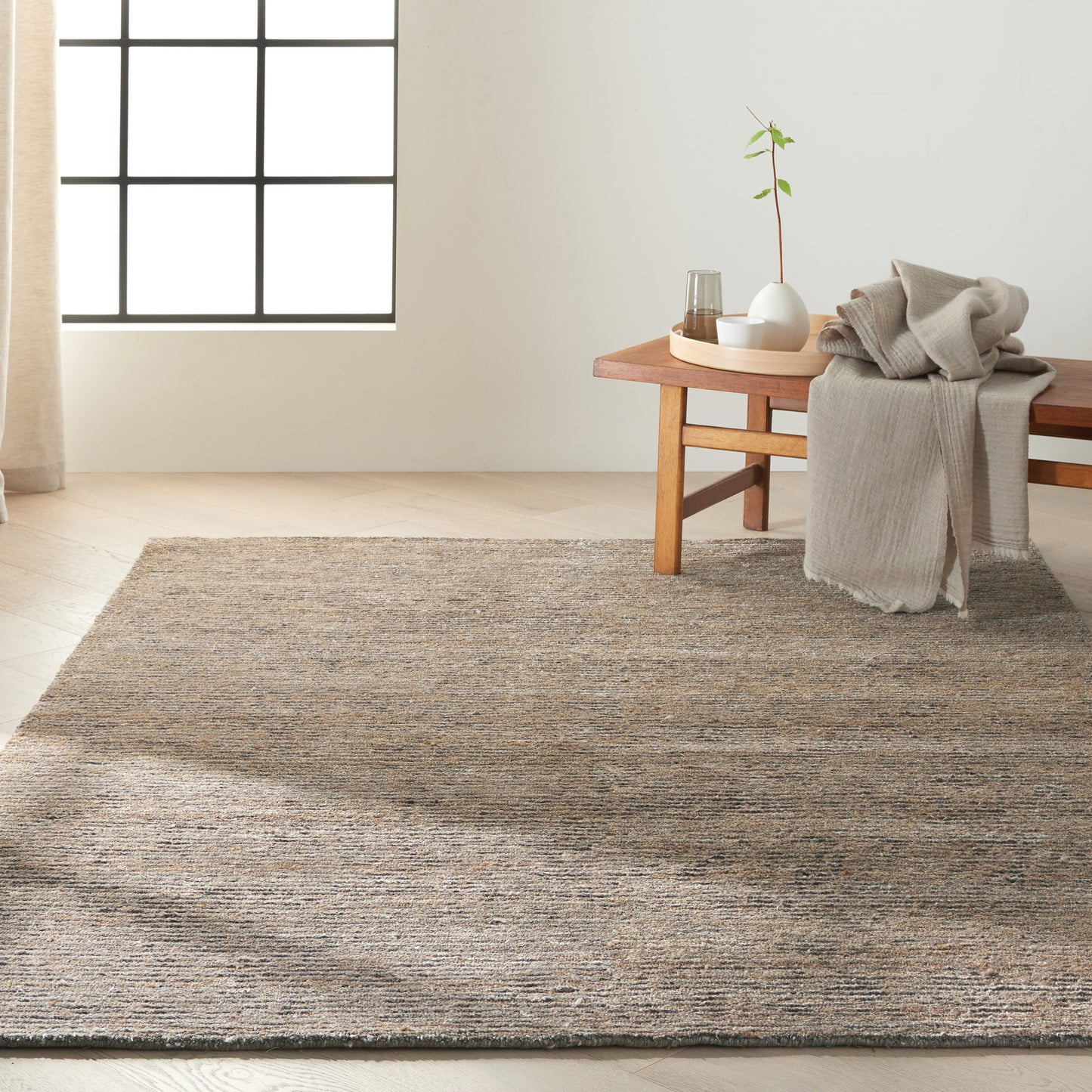 Neutral textured beige area rug in a bright living room with a wooden coffee table, blanket, and plant.