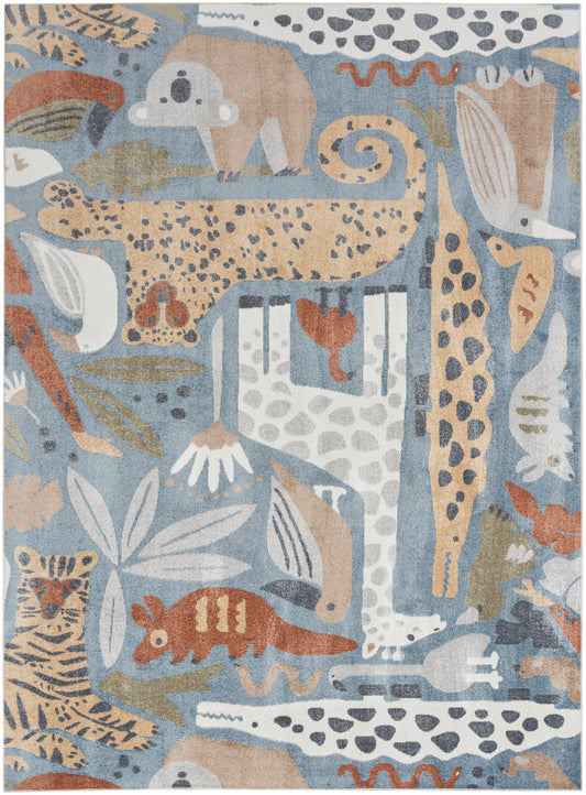 Decorative safari-print rug with leopards, elephants and birds in blue, taupe and rust tones.