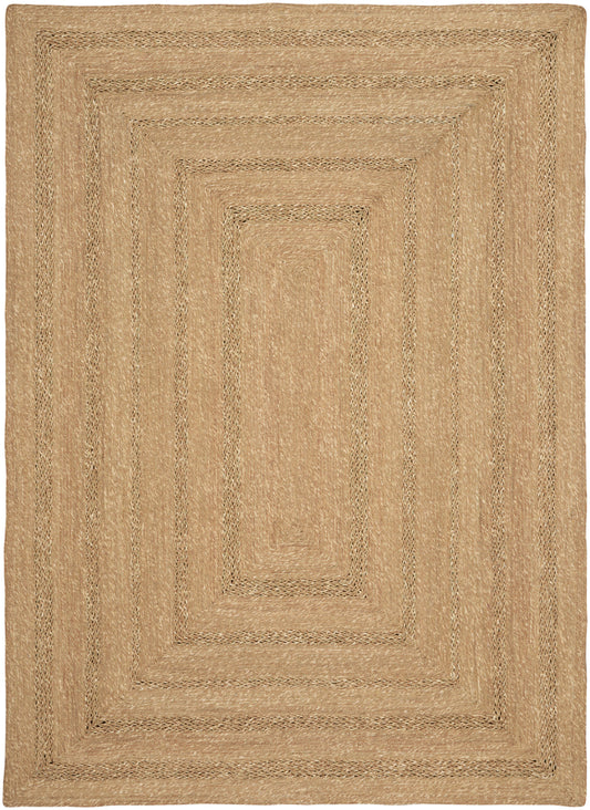 Natural jute rug with concentric rectangular braided pattern in tan/beige; coastal, rectangular.
