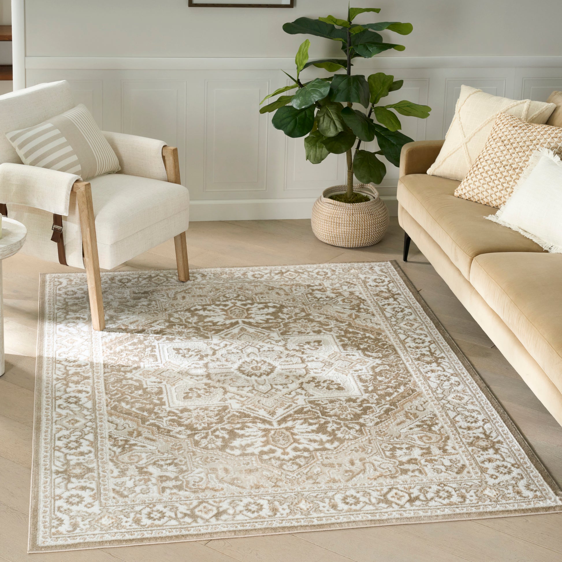 Beige ornate area rug on light wood floor with cream sofa, white armchair, and potted plant.