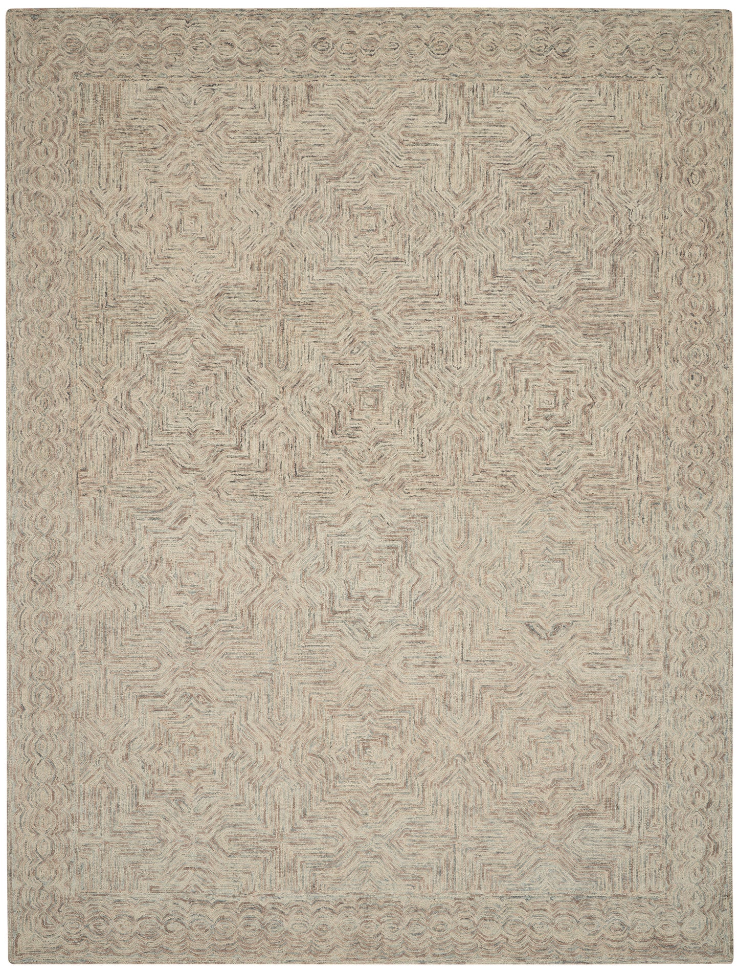 Beige area rug featuring a repeating geometric star pattern and textured woven surface, with a subtle decorative border.