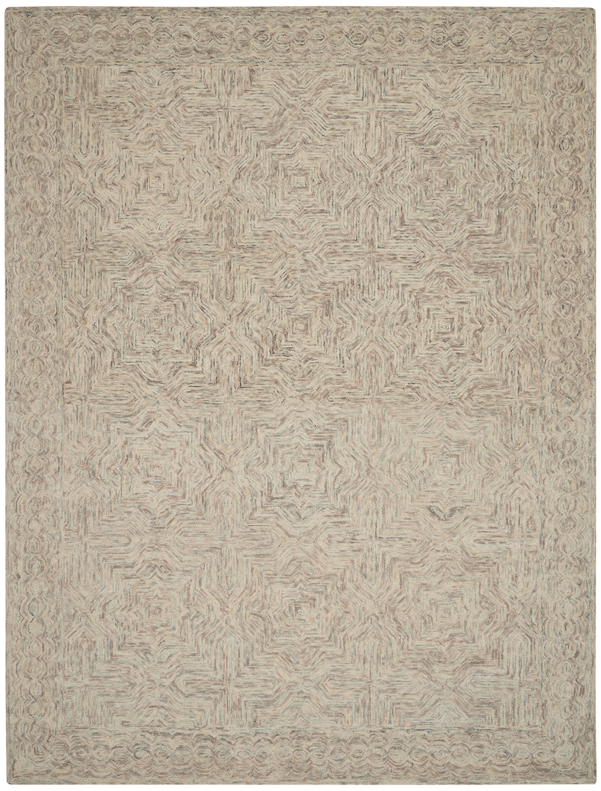 Beige area rug featuring a repeating geometric star pattern and textured woven surface, with a subtle decorative border.