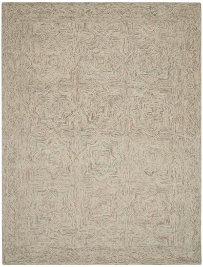 Beige area rug featuring a repeating geometric star pattern and textured woven surface, with a subtle decorative border.