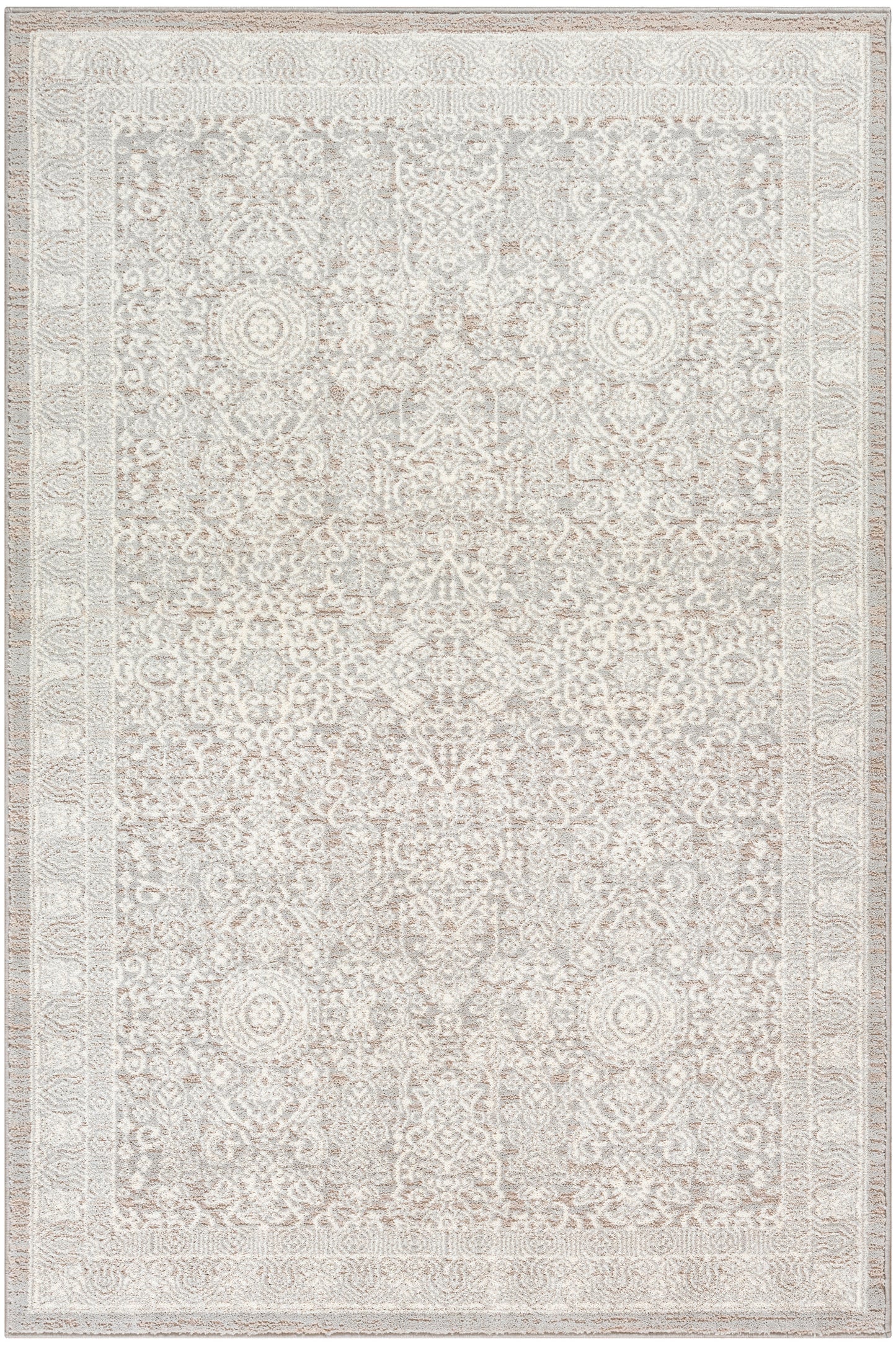 Cream ivory Persian-style area rug with intricate floral medallion border and antique patina; rectangular for living rooms.