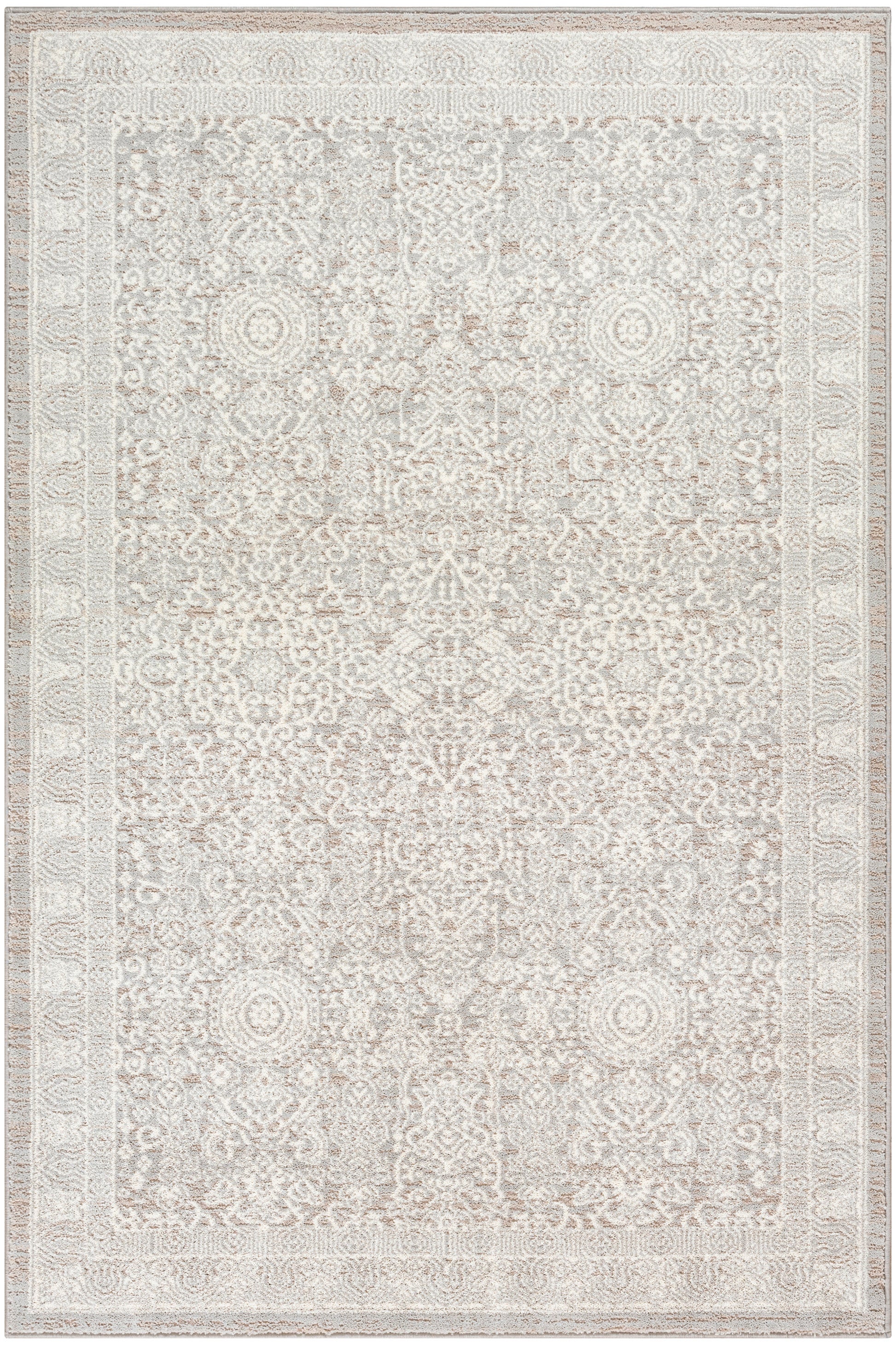 Cream ivory Persian-style area rug with intricate floral medallion border and antique patina; rectangular for living rooms.