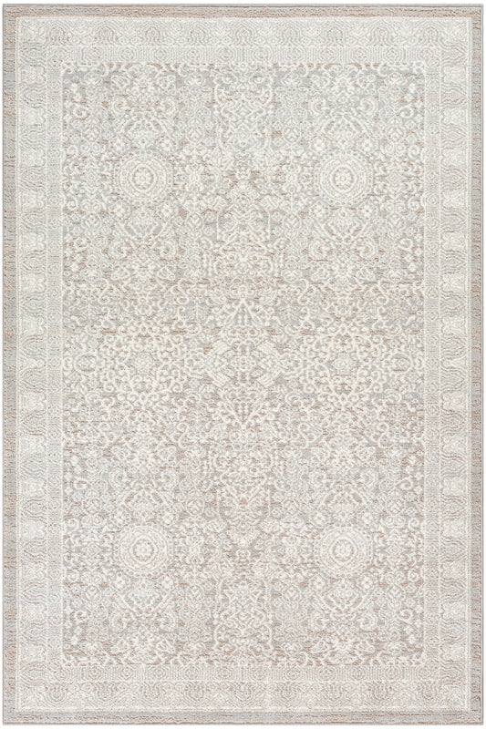 Cream ivory Persian-style area rug with intricate floral medallion border and antique patina; rectangular for living rooms.