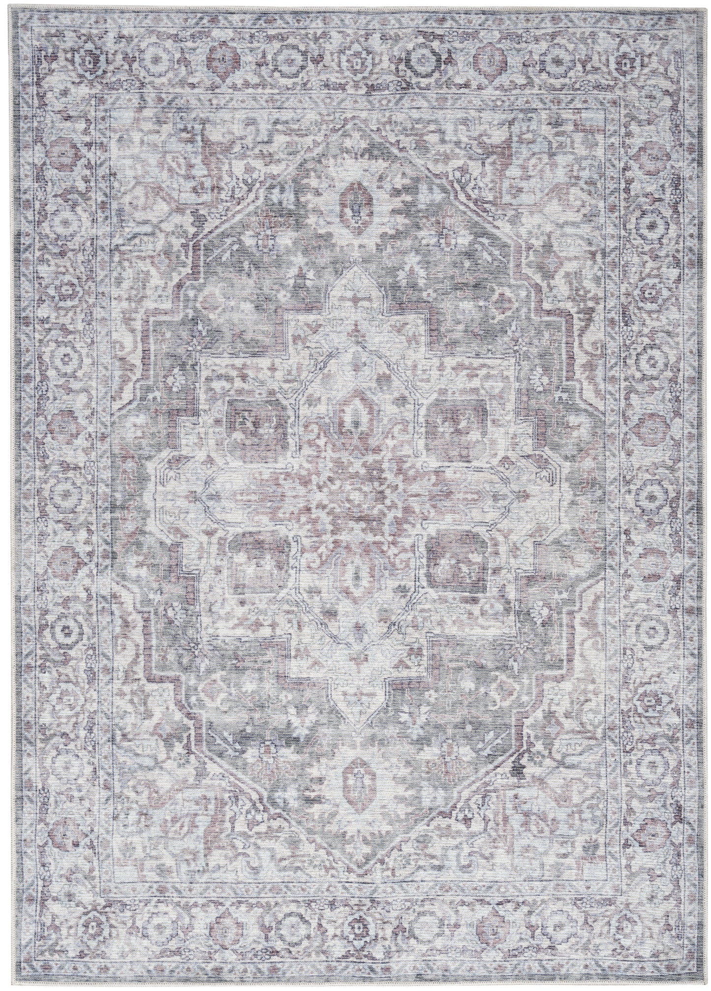 Distressed gray-blue Persian-style area rug with central medallion and ornate floral border.
