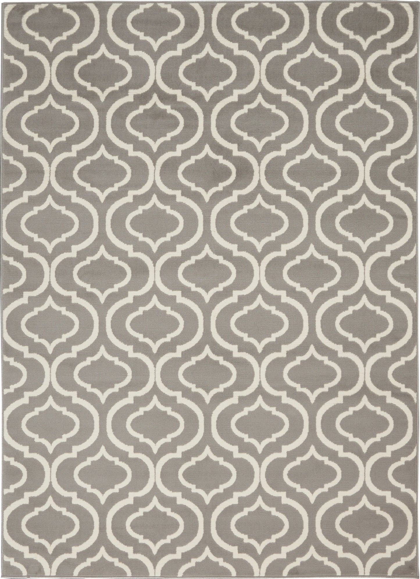 Gray taupe and ivory trellis-pattern area rug; geometric arabesque design, rectangular, modern living room decor.
